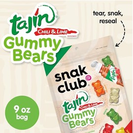 Snak Club Snak Club Tajin Gummy Bears, Assorted Fruit Candy Gummies with Chili and Lime Seasoning, Mild, Gluten-Free and Vegan Snacks, 9 oz Resealable Bag