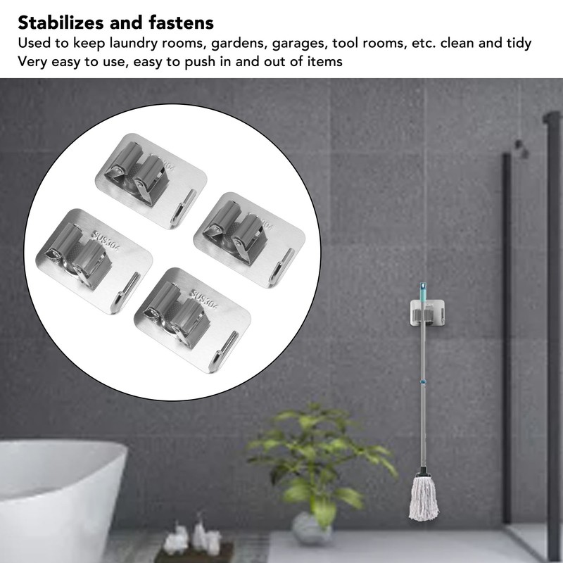 4Pcs Silver Mop Broom Holder with Hook Wall Mounted 304