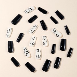 24Pcs Valentine's Day Press on Nails Medium Square, Love Press on Glossy Black White Fake Nails with Rhinestone Heart Star Design,Reusable Artificial False Nails Stick on Nails Valentine's for Women