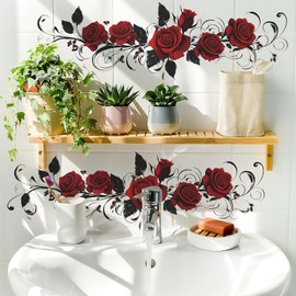 Valentines Wall Decals Valentines Wall Stickers Removable Red Rose Designs Wall Decorations Romantic Stickers for Living Room Bedroom Bathroom Anniversary Party Home Decor 2 Sheets