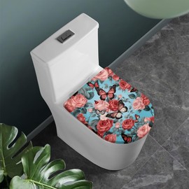 COEQINE Toilet Lid Cover Set Pink Blue Butterfly Retro Floral Pattern Bathroom Decor With Toilet Lid Cover Dortable For Home Decoration