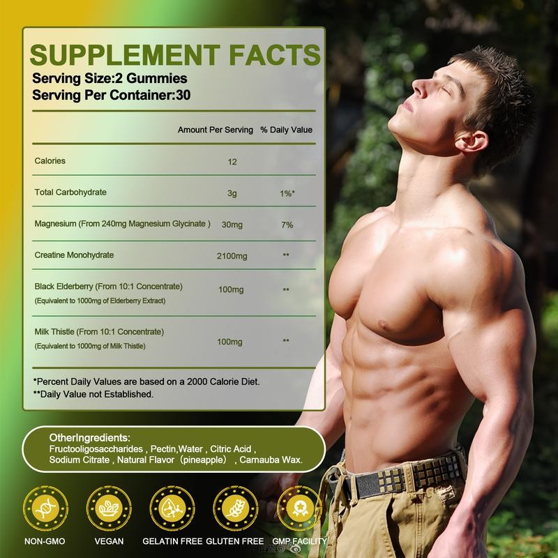 Creatine Monohydrate gummies, Creatine Monohydrate Supplement ，with Magnesium，Black Elderberry ，Milk