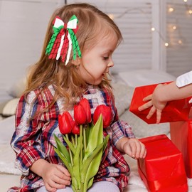 4Pcs Christmas Curly Ribbon Hair Bow Clips - Red White Green Handmade Grosgrain Ribbon Ballflower Toddlers Kids Cheer Bows Non-slip Alligator Hair Accessories for Christmas Party (Red/Green/White)