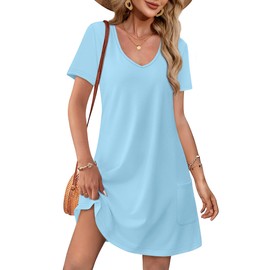 OFEEFAN Women's Summer Dresses Short Sleeve T Shirts Dress Casual V Neck Vacation Beach Sundress with Pockets Beach Vacation Essentials Fashion A Blue L