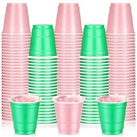 Roshtia 100 Pack 2 oz Plastic Shot Cups, Mini Disposable Shot Glasses 2 oz Party Cups for Wedding Party, Summer Beer Taste Serving, Snacks(Pink and Green)