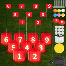 FOOING Golf Game-9 Hole Set with LED Lights and a Golf Club, Backyard Set for Kids and Adults, Golf Practice Game for Lawn, Beach, Yard, Camping, Park
