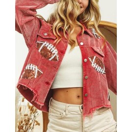 happlan Football Sequin Embroidery Rugby Cropped Frayed Hem Vintage Washed Corduroy Jacket Coat Shacket for Women(0459-Red-M)