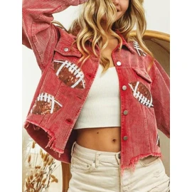 happlan Football Sequin Embroidery Rugby Cropped Frayed Hem Vintage Washed Corduroy Jacket Coat Shacket for Women(0459-Red-M)