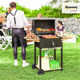 Outsunny Charcoal BBQ Grill with 245 sq. in. Cooking Area, Outdoor Barbecue Grill with Adjustable Charcoal Pan, Thermometer, Wheels and 3 Shelves for Patio, Backyard, Picnic, Party, Black