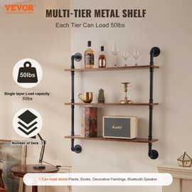 VEVOR Industrial Pipe Shelf, 3 Tier 32x7.87in, Wall-Mount Floating Rustic Wood Shelves Bracket Display Bookshelf, Storage Rack Sundries Holder for Kitchen Bedroom Bathroom Living Room, Black