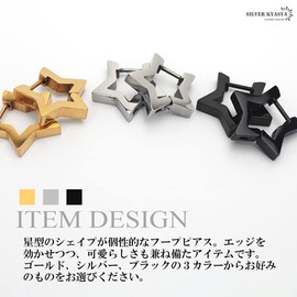 [silver KYASYA] Stainless Steel Hoop Earrings, Star, Gold, Silver, Black, Silver, Black, Cute, Simple, Korean, Hypoallergenic, For Both Ears, Set of 2, Silver Stainless Steel
