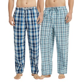 Vulcanodon 2 Pack Men's Cotton Pajama Pants, Soft Woven Pajama Pants for Men Plaid Pj Bottoms(ROYAL BLUE+AQUA BLUE,L)