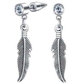 CPSLOVE Mens Feather Stainless Steel Drop Earrings Fashion Feather Piercing Earrings with Zirconia for Womens
