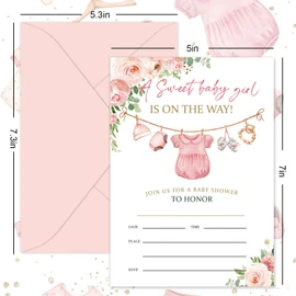 Whaline 25 Sets Girl Baby Clothes Baby Shower Party Invitations with Envelopes Stickers Pink Cute Paper Cards Fill-In Invites for Birthday Gender Reveal Supplies, 5 x 7 Inch