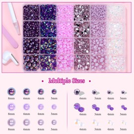 9000 Pcs Flatback Nail Pearl and Jelly Resin Rhinestones for Crafting, Dark Purple Mixed Size 3-8mm Jelly Rhinestones and Pearls Nail Jewels, Bedazzling Crystal Nails Art, Tweezer and Pickup Pencil
