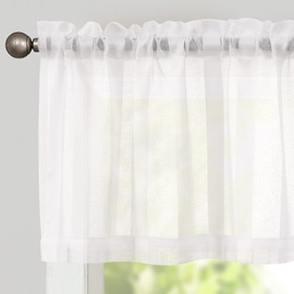 TOPICK Sheer Net Curtains with Drawstring, Transparent Bistro Gadine, Country House Stripes, Voile Kitchen Curtain, Striped Kitchen Curtains, Pair for Bathroom, Small Window, 130 cm x 35 cm (W x H),