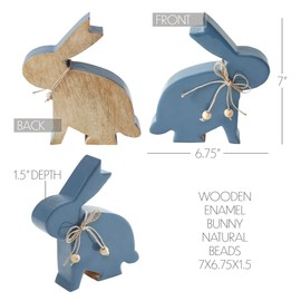 VHC Brands Bunny Hop Wooden Enamel Bunny w/Natural Beads 6.75x7, Spring Decorations, Home and Table Decor, Spring and Easter Figurines