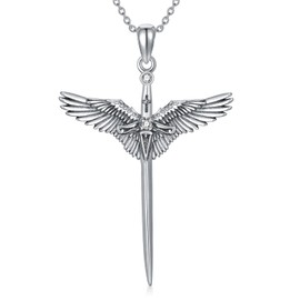 LWXIE Diamond Angel Wings Sword Necklace 925 Sterling Silver Angel Wings Sword Pendant Sword of Faith Necklace Jewelry Gifts for Women Wife Girlfriend, Sterling Silver, Diamond