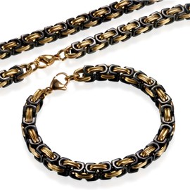 Flongo 2 Piece Men's Necklace Bracelet Set, Stainless Steel Necklace Bracelet Bangle Chain Byzantine Chain Black Silver Gold Golden Dominant Biker Punk Rock Men's Accessories, Stainless Steel, without