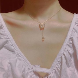 Cimenexe Bohemian Crystal Butterfly Choker Necklace Silver CZ Pearl Y Lariat Necklace Hollow Butterfly Pendant Necklace Minimalist Butterfly Collar Necklace Jewellery For, Zinc, No Gemstone