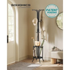 SONGMICS Coat Rack Freestanding, Coat Rack with Umbrella Holder with 12 Hooks, for Entryway, Hallway, Living Room, Bedroom, Ink Black URCR011B01