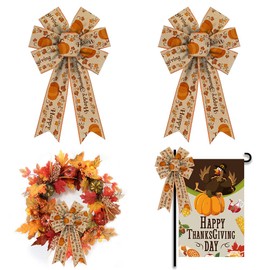ALIBBON 2Pcs Fall Bows for Wreaths, Thanksgiving Wreath Bows, Orange Bows, Pumpkin Leaves Words Bows for Front Door, Fall Thanksgiving Decor, Burlap Bows for Wreath Indoor Outdoor Wall Decorations