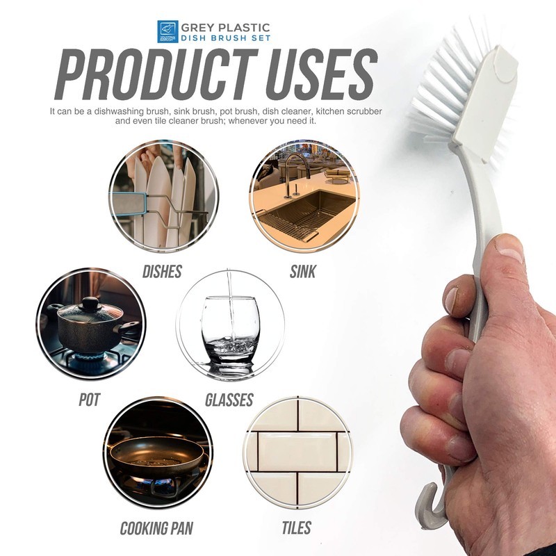 5-Pack Grey Plastic Dish Brush Set, Dish Scrubber and Washing