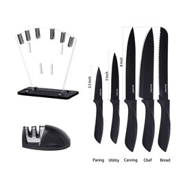 dearithe Kitchen Knife Set 7 Piece, High Carbon Stainless Steel Black Knife Set with Knife Sharpener, Professional Chef Knife Set with Acrylic Stand,Non stick coating for Anti-rusting and Sharp
