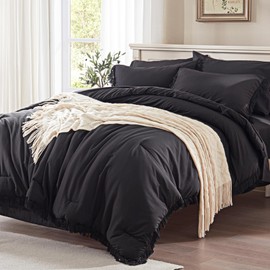 Anluoer Queen Comforter Set 7 Piece with Sheets-Black Boho Bed in a Bag with Tassel Lightweight Soft Bedding Sets with 1 Comforter, 2 PillowShams, 2 Pillowcases, 1 Flat Sheet, 1 Fitted Sheet