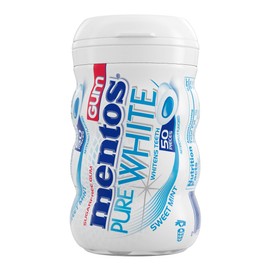 MENTOS PURE WHITE SUGAR-FREE CHEWING GUM WITH XYLITOL, SWEET MINT, STOCKING STUFFER, GIFT, HOLIDAY, CHRISTMAS, 50 PIECE BOTTLE