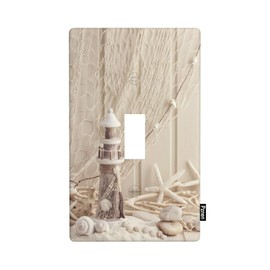 Pznen Coastal Nautical Light Switch Cover Plate Sea Shell Fishing Net Lighthouse Starfish Single Toggle Wall Plate 1 Gang Switchplate Home Decor for Living Room Kitchen 4.5"x 2.76"