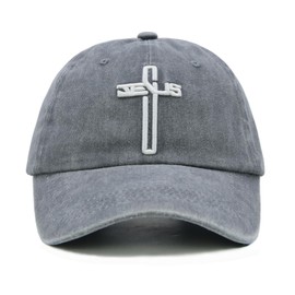 Jesus Cross Baseball Cap for Men Women, Religious Gifts for Dad Mom Christians, Washed Cotton Vintage Embroidered Hat Grey