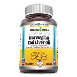 Amazing Omega Norwegian Cod Liver Oil 1250 mg 120 Softgels Supplement (Fresh Orange Flavor)