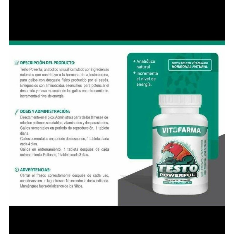 VITOFARMA VITAMINA HORMONAL para GALLOS Finos TESTO Powerful 100 TABLETAS