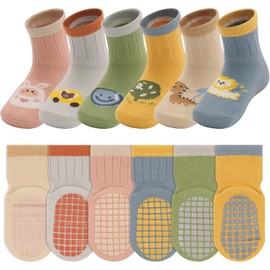 ARERWA 6 Pairs Toddler Socks Non Slip Kids Socks Anti Skid Grip Socks Baby Cartoon Animal Pattern Boys Girls Floor Socks 1-3 Years