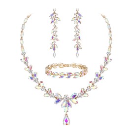 EVER FAITH Austrian Crystal Bridal Jewelry Sets for Wedding, Elegant Marquise Rhinestone Leaf Women Necklace Dangle Earrings Tennis Bracelet Set for Brides Bridesmaid Iridescent AB Gold-Tone