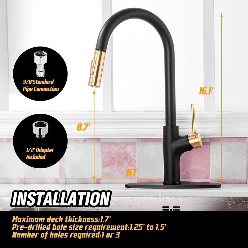 Achelous Black and Gold Kitchen Faucet with Pull Down Magnetic