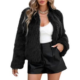 Womens Fleece Cropped Jacket Faux Fur Coats Long Sleeve Shaggy Warm Winter Clothes Fall Wintern Jacket Coats Fuzzy Black S