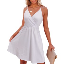 VOTEPRETTY Women's 2024 Fashion Sundresses V-Neck Spaghetti Strap Spring Dress Outfits Summer Beach Casual Swing Dresses with Pockets(White,XL)