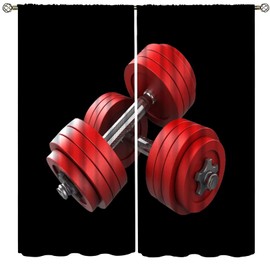 3D Dumbbells Curtains Boys Fitness Equipment Sports Blackout Rod Pocket Curtains,Gym Room Exercise Tool Window Drapes Barbell Sport Theme Bedroom Living Room Decor, Red Black 52x84in