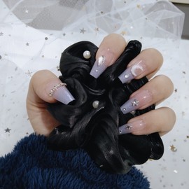 24Pcs Full Cover Reusable Coffin False Nails, Press on Nails Square Medium Length, Artificial Acrylic Fake Nails with Rhinestone Pearl Designs, Women Glue on Nails Set, Stick on Nails for Nail Art