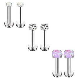 Ruifan 2mm 4mm Opal & 3mm Clear CZ Internally Threaded Stainless Steel Labret Monroe Lip Ring Tragus Helix Earring Stud 16G 5/16" 8mm 6PCS