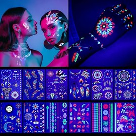 12 Hojas Grandes Glow in the Dark Tattoo 150+ Neon Maquillaje Temporal, Rave Festival Accesorio, Cara Falsa Mariposa Tatuaje UV Luz Negra para Mujeres Artículos de Fiesta (12 Hojas Estilo Metálico)