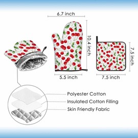 Samgula Red Cherry Oven Mitts and Pot Holders Sets Bright Cartoon Fruit Vibrant Heat Resistant 3pcs for Cooking Baking BBQ