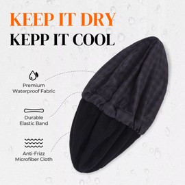 Shower Cap for Men Black Bath Cap, Reversible Large Waterproof Adjustable Shower Caps Terry Lining & Elastic Band Stretch Hem Hair Hat