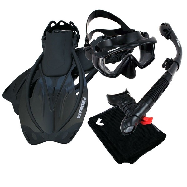 Promate 9990, AllBk, ML/XL, Snorkeling Scuba Dive Panoramic Purge Mask Dry Snorkel Fins Gear Set