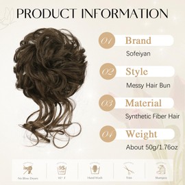 Sofeiyan Hairpiece with Elastic Band, Curly Bun Hairpiece with Hair, Updo Hairstyles, Synthetic Messy Bun Hair, Tousled Updo Hairpieces for Women and Girls, Chestnut Brown