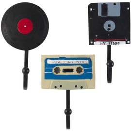 Decorative Vintage Disks – Floppy Disk, Vinyl Record and Stereo Cassette Resin Wall Coat Hooks (Set of 3)