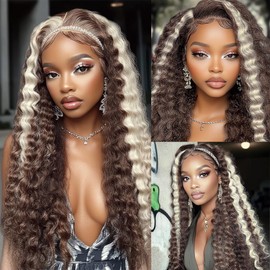 P4/613 Deep Wave Bundles Human Hair Highlight Chocolate Brown and Light Blonde Human Hair Bundles Double Weft Brazilian Human Hair Extensions Silky and Soft for Black Women 12 14 16 Inch