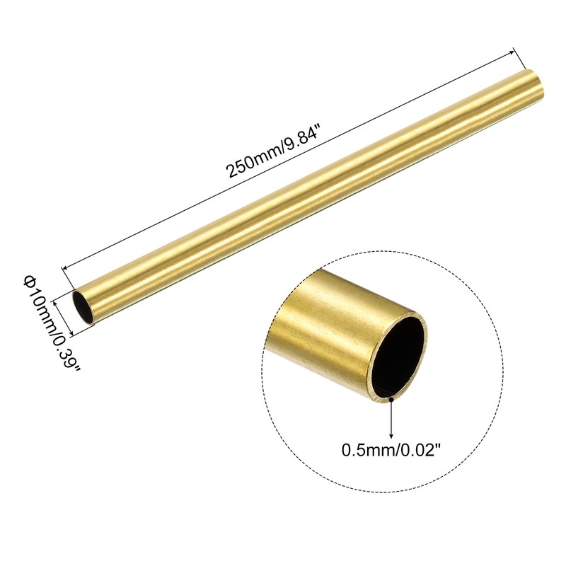 sourcing map Brass Tube, 10mm OD 0.5mm Wall Thickness 250mm